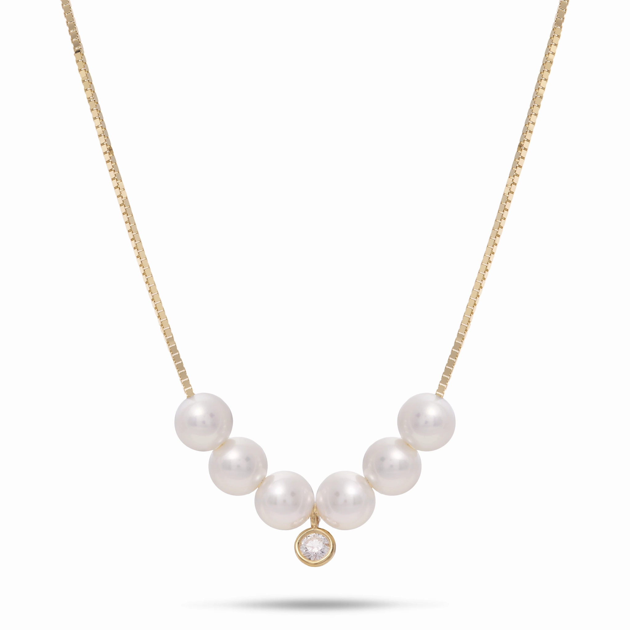 Highlight Moment Bold Sparkle 16-18" Adjustable Akoya White Pearl Necklace in Gold with Diamond - 4.5-5mm