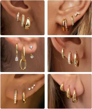 18 Pcs Gold Earrings for Women Stack Hoops Small Dainty Gold Huggie Hoop Earring Set