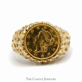 1850 One Dollar Gold Liberty Coin Ring in 10k Yellow Gold Nugget Designed Mounting Heavy Duty