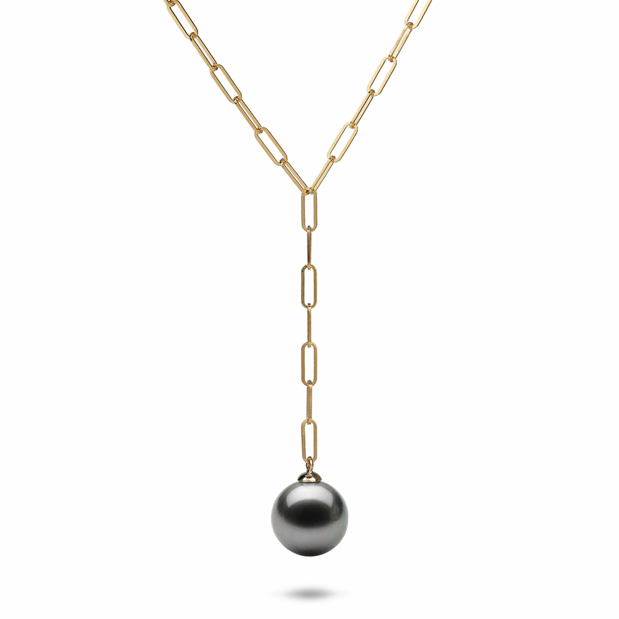 18" Tahitian Black Pearl Y Necklace in Gold - 12-14mm Unique Creation
