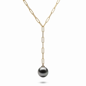 18" Tahitian Black Pearl Y Necklace in Gold - 12-14mm Unique Creation