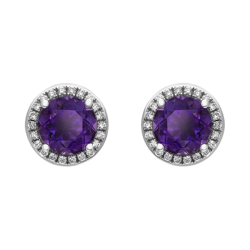 18ct White Gold Amethyst Diamond Round Cluster Stud Earrings