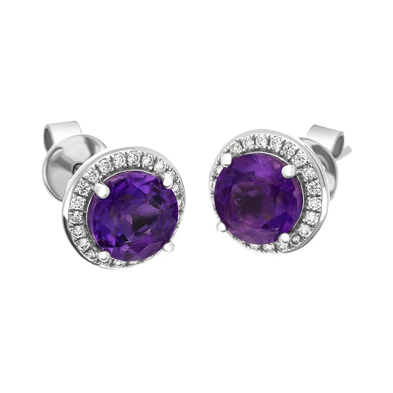 18ct White Gold Amethyst Diamond Round Cluster Stud Earrings