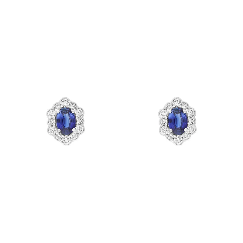 18ct White Gold Sapphire Diamond Oval Cluster Stud Earrings