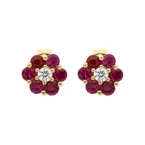 18ct Yellow Gold Ruby Diamond Cluster Earrings