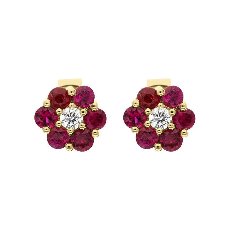 18ct Yellow Gold Ruby Diamond Cluster Earrings