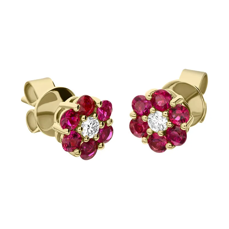 18ct Yellow Gold Ruby Diamond Cluster Earrings