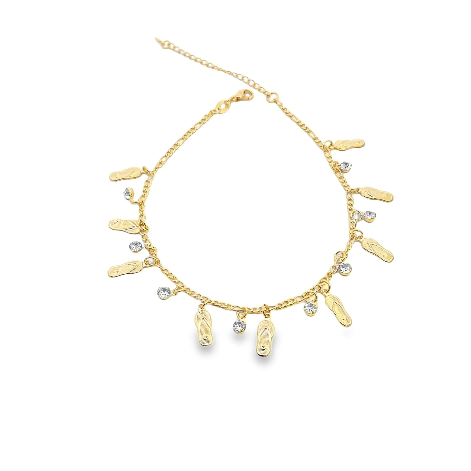 18K Gold Filled Sandal Chankla Charm Anklet With Round Clear CZ Stones