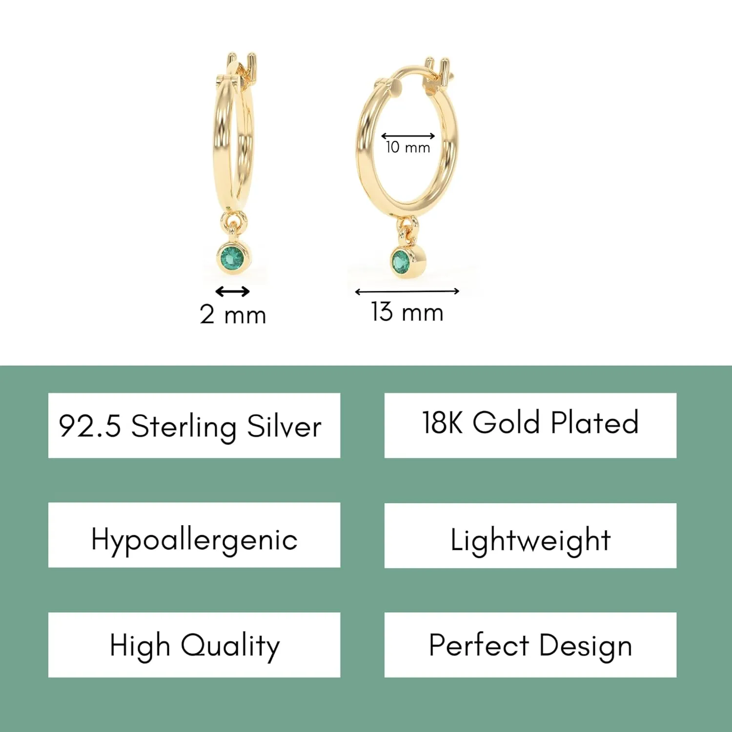 18K Gold Hoop Earrings for Women - Authentic 925 Sterling Silver Hoop Earrings with Emerald Crystal - Hypoallergenic May Birthstone Gift for Mothers Day