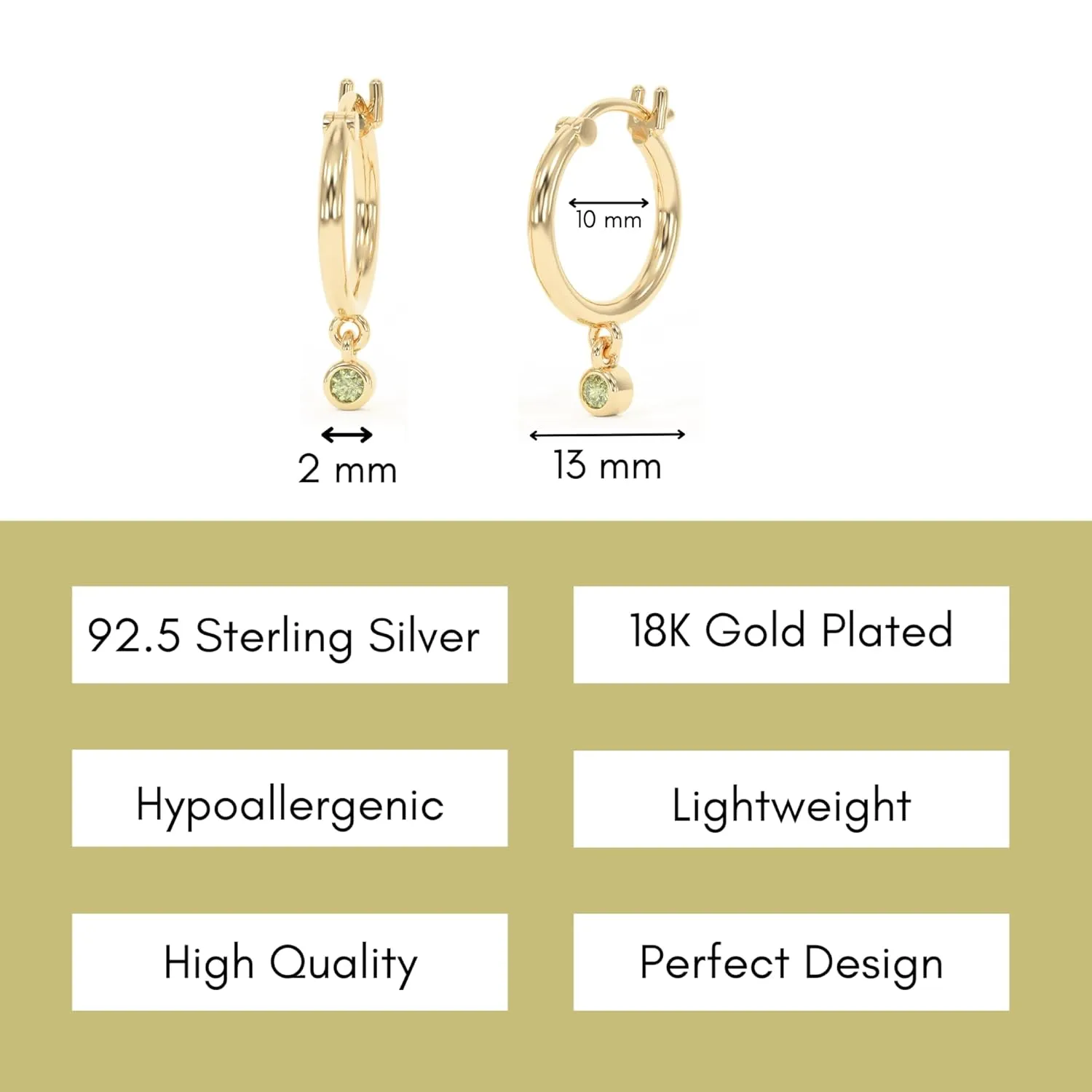 18K Gold Hoop Earrings for Women - Authentic 925 Sterling Silver Hoop Earrings with Peridot Crystal - Hypoallergenic August Birthstone Gift for Mothers Day