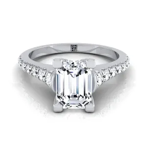18K White Gold Emerald Cut Diamond Pave Prong Linear Engagement Ring -1/2ctw