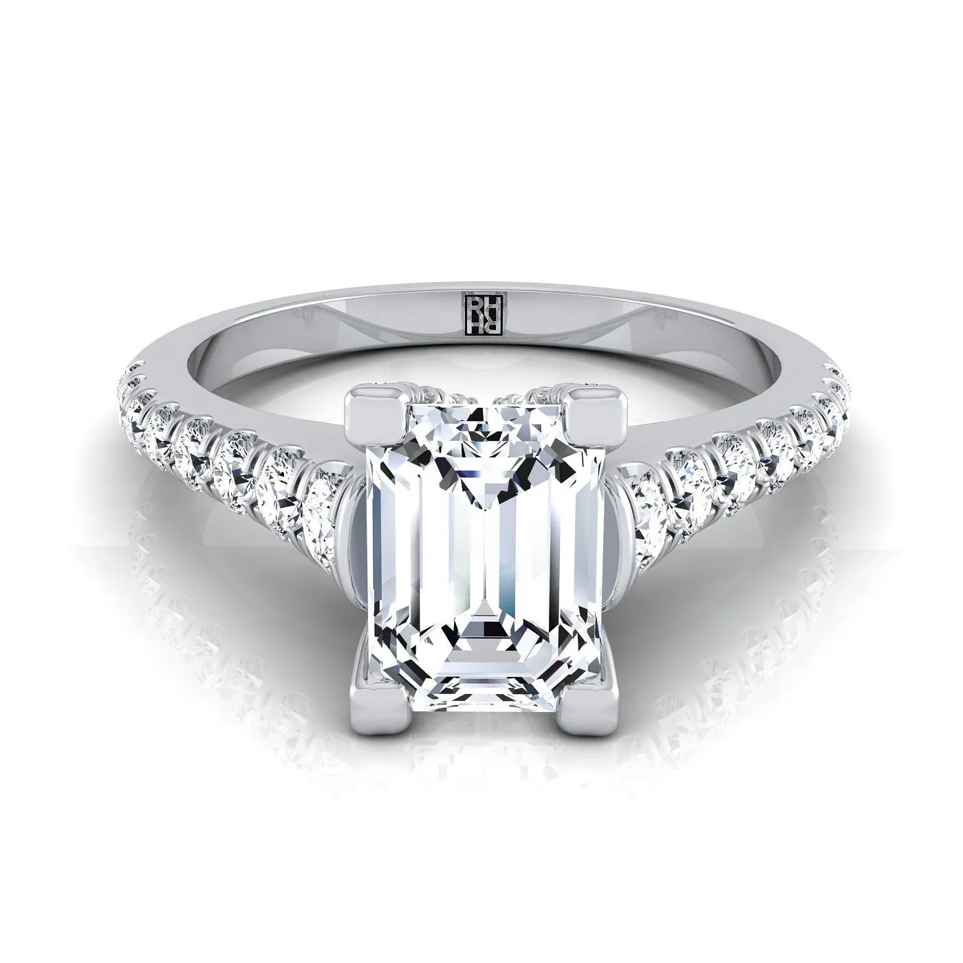 18K White Gold Emerald Cut Diamond Pave Prong Linear Engagement Ring -1/2ctw