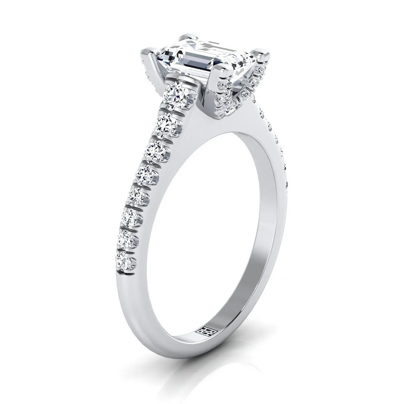 18K White Gold Emerald Cut Diamond Pave Prong Linear Engagement Ring -1/2ctw