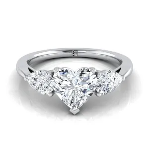 18K White Gold Heart Shape Center Diamond Perfectly Matched Pear Shaped Three Diamond Engagement Ring -7/8ctw