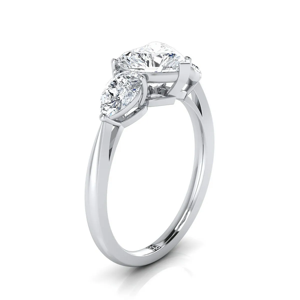 18K White Gold Heart Shape Center Diamond Perfectly Matched Pear Shaped Three Diamond Engagement Ring -7/8ctw