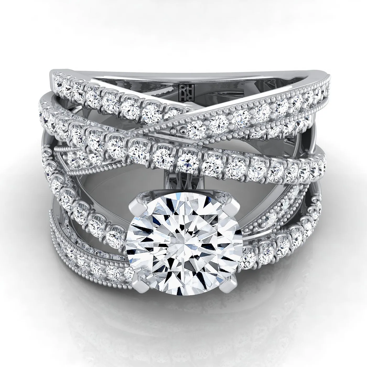 18K White Gold Round Brilliant Customized Multi Diamond Row Diamond Engagement Ring -7/8ctw