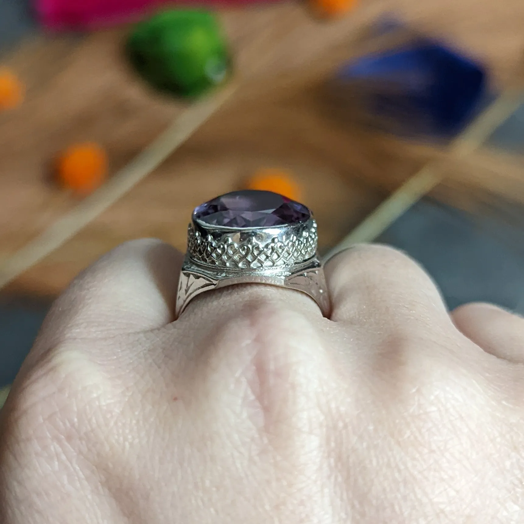 1930's Art Deco Amethyst 14 Karat White Gold Statement Ring
