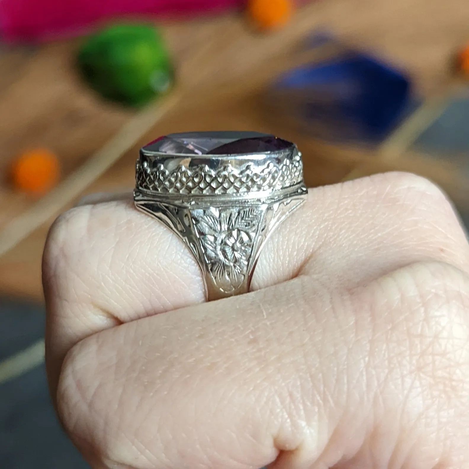 1930's Art Deco Amethyst 14 Karat White Gold Statement Ring