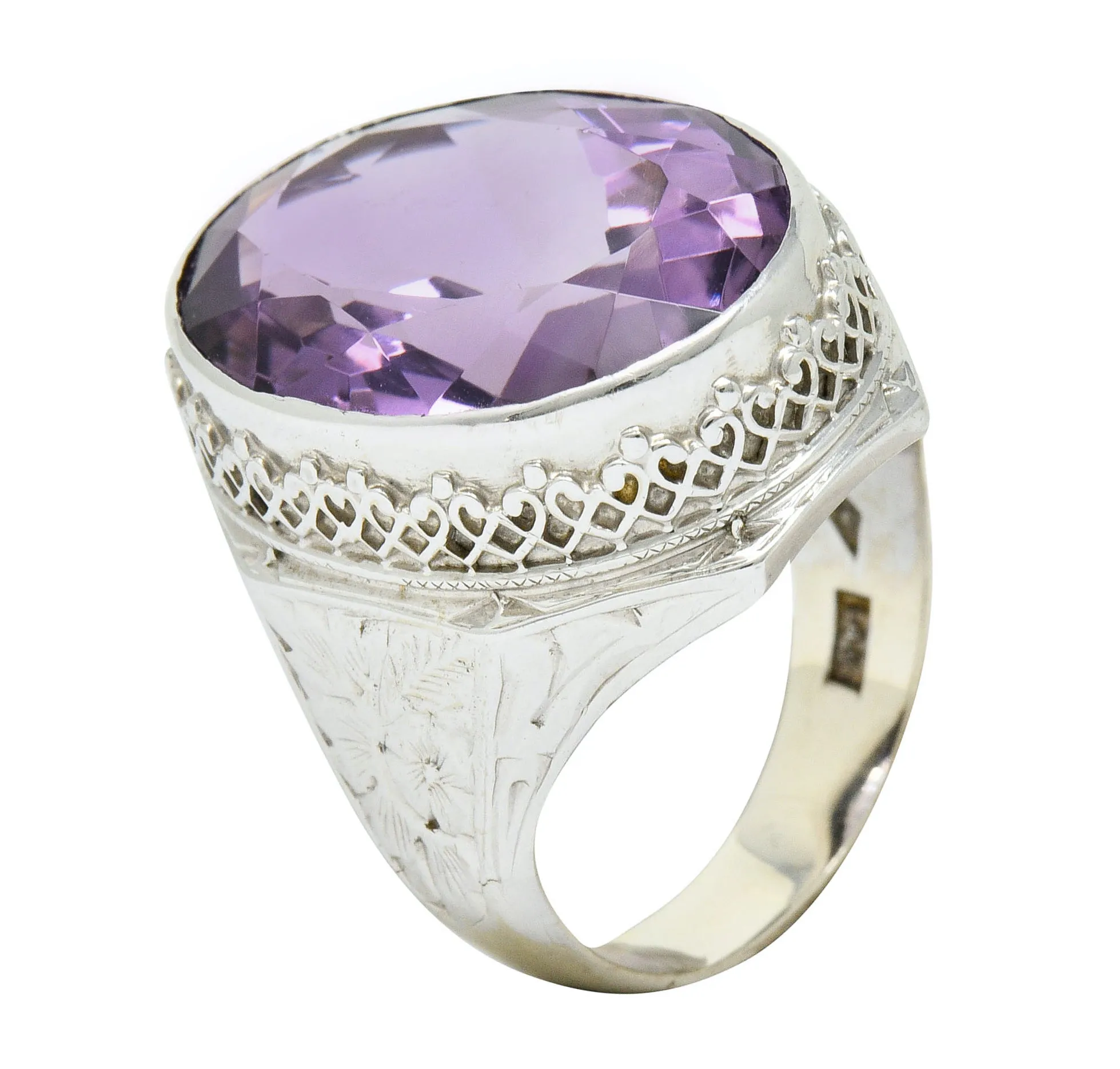 1930's Art Deco Amethyst 14 Karat White Gold Statement Ring