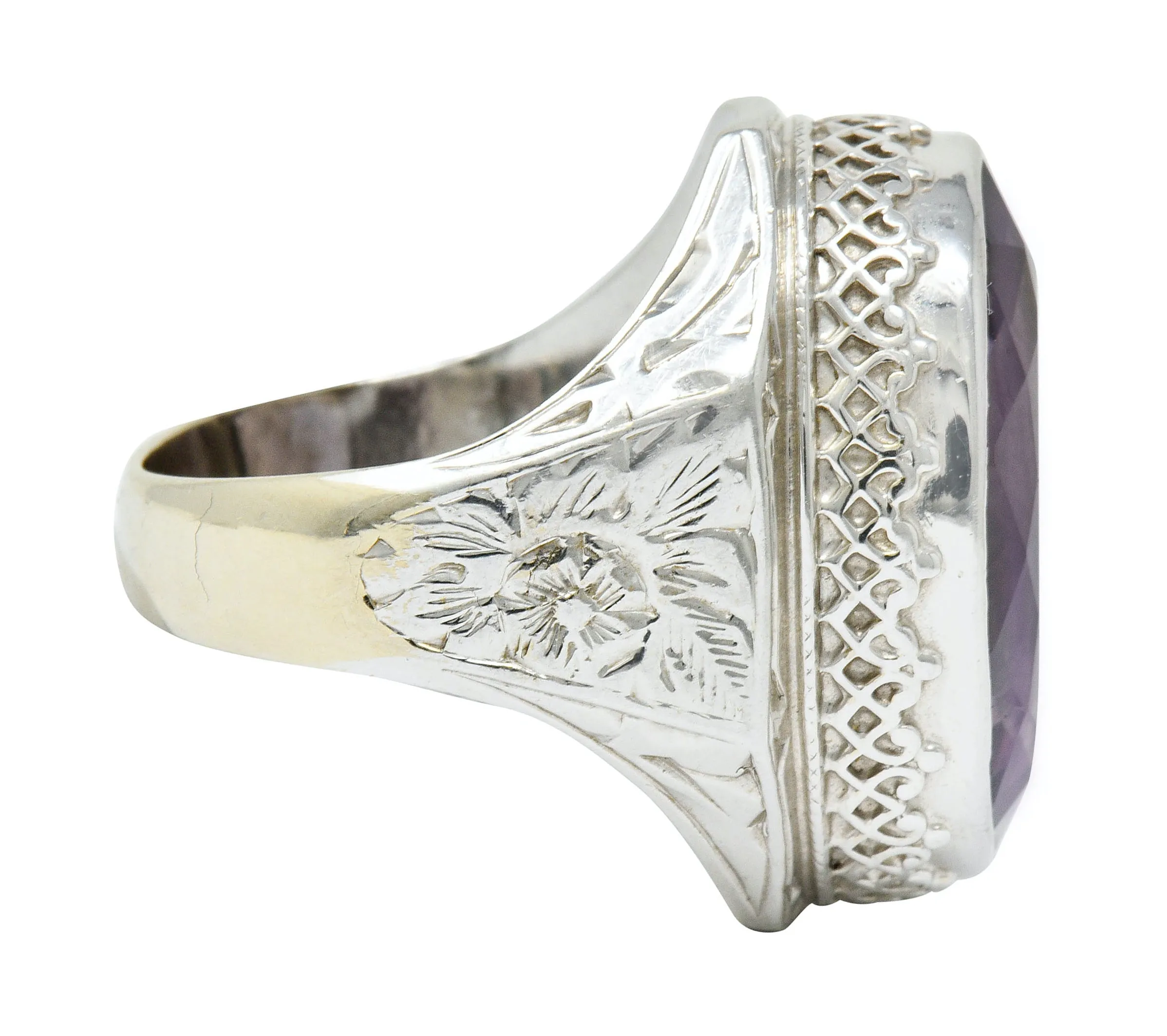 1930's Art Deco Amethyst 14 Karat White Gold Statement Ring