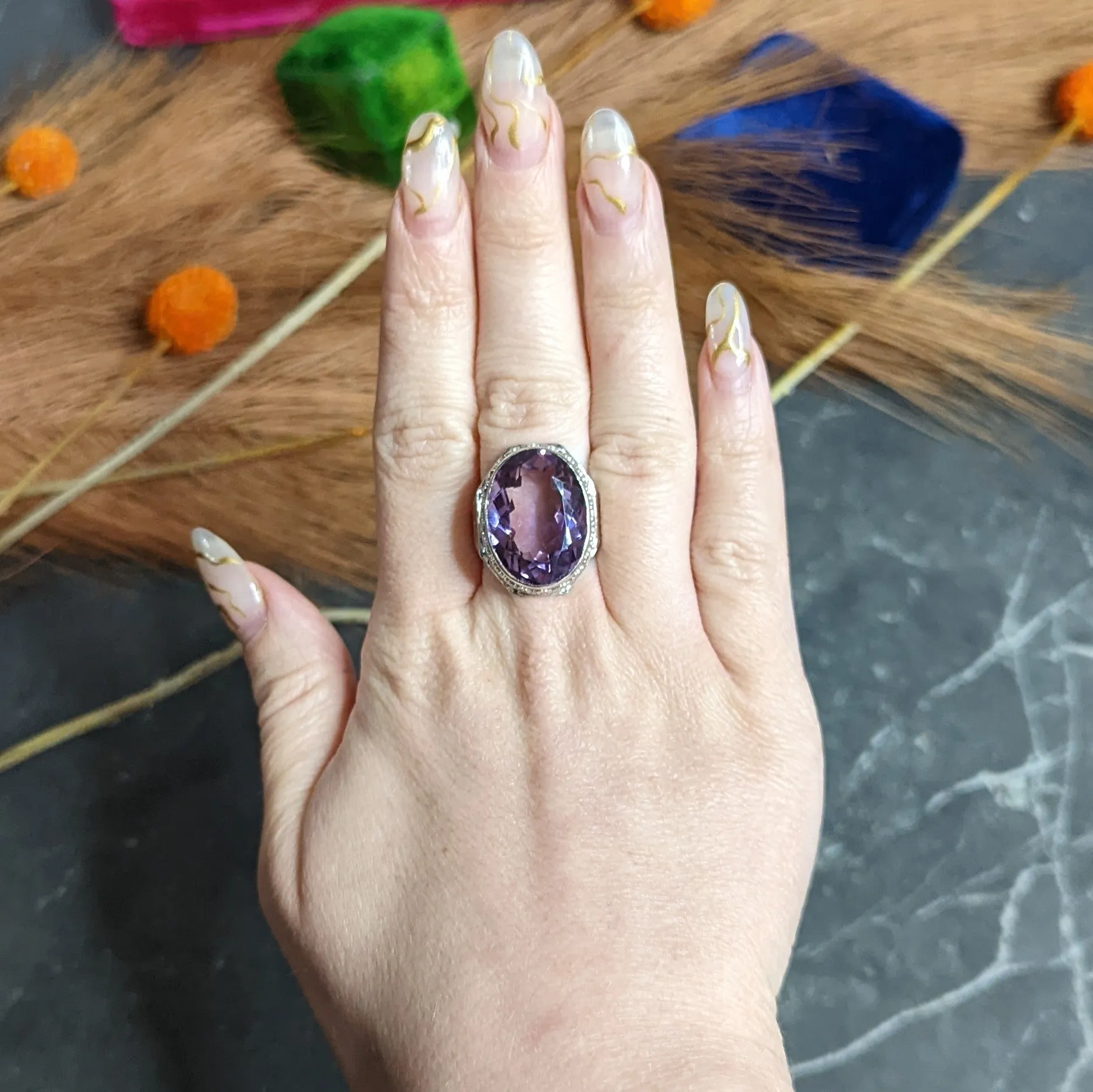 1930's Art Deco Amethyst 14 Karat White Gold Statement Ring