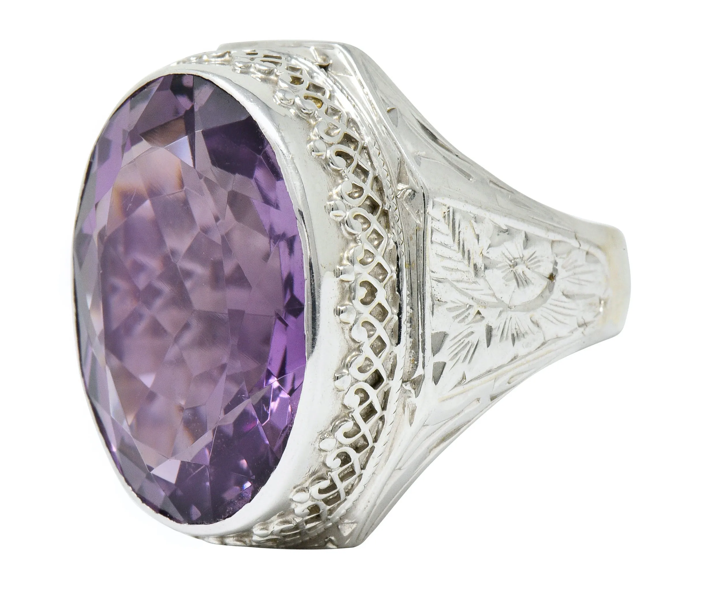 1930's Art Deco Amethyst 14 Karat White Gold Statement Ring