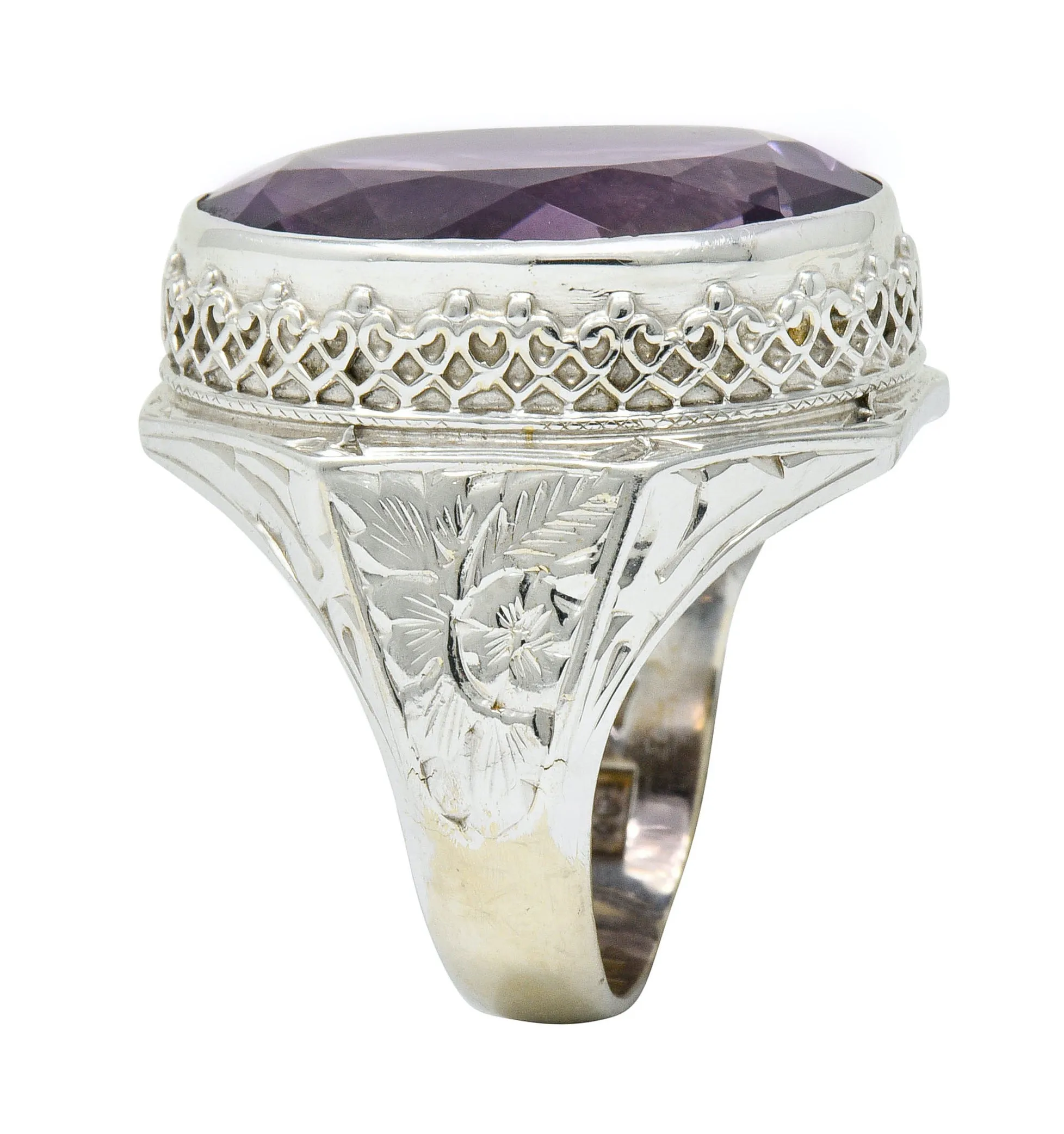 1930's Art Deco Amethyst 14 Karat White Gold Statement Ring