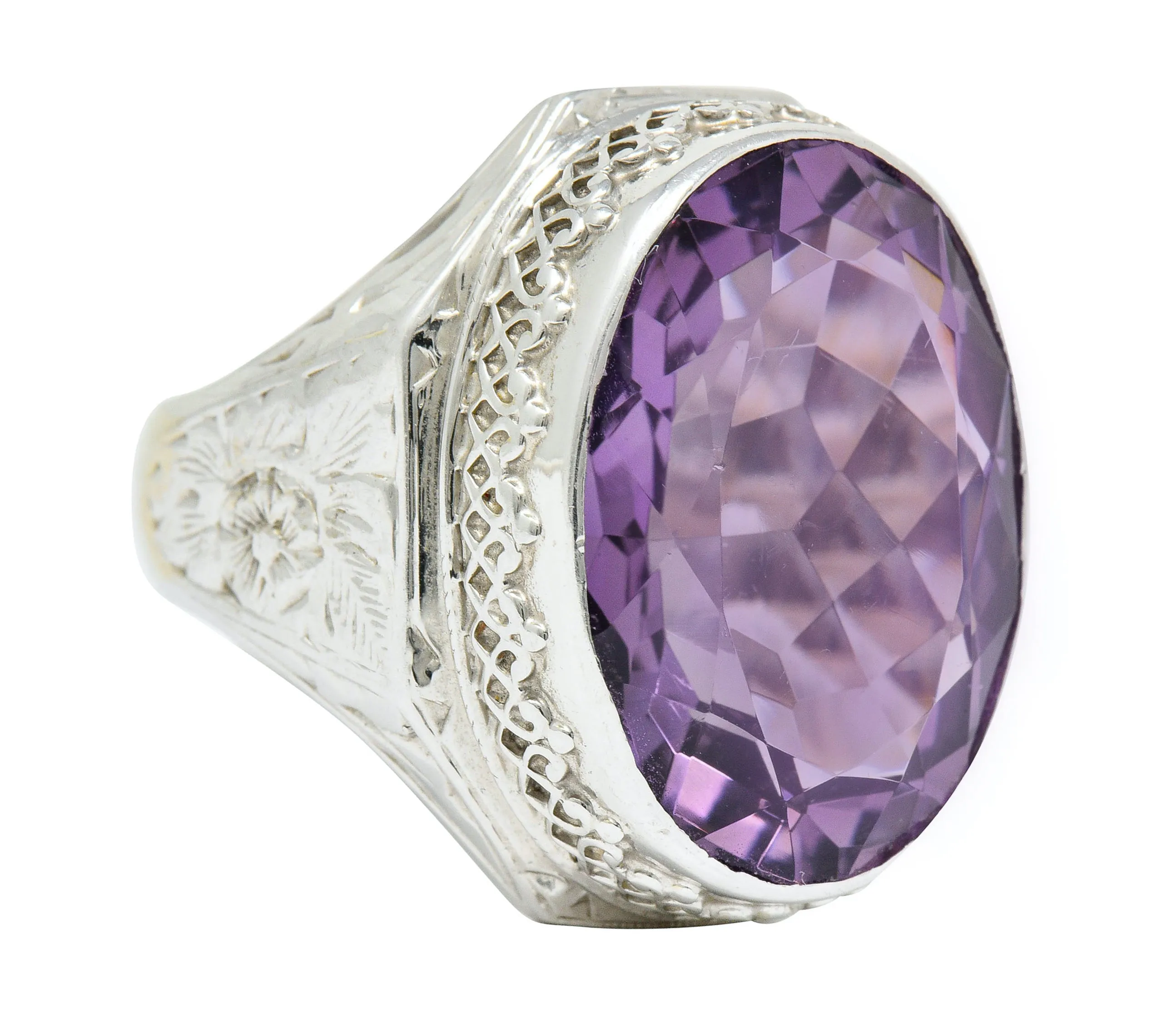 1930's Art Deco Amethyst 14 Karat White Gold Statement Ring