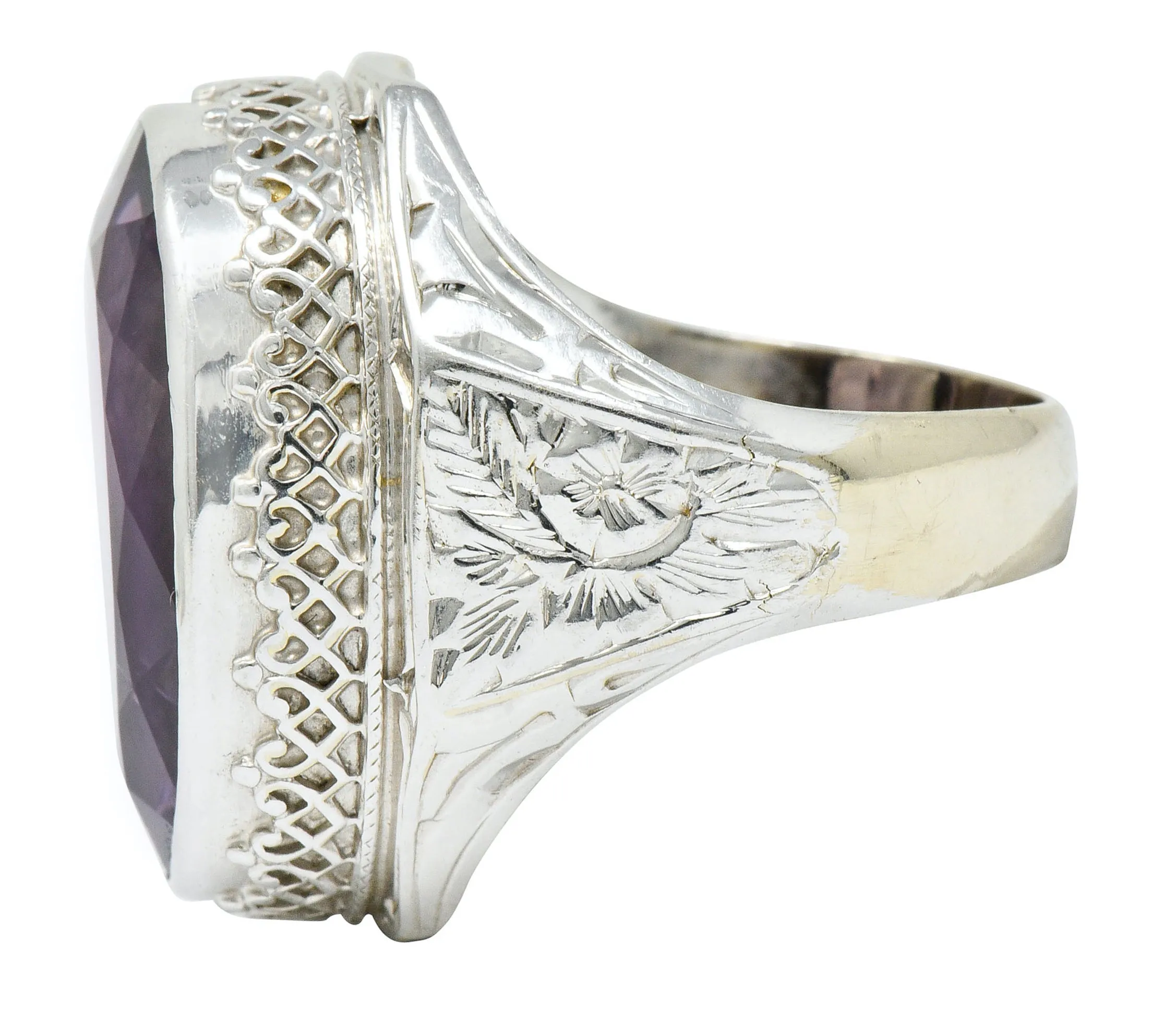 1930's Art Deco Amethyst 14 Karat White Gold Statement Ring