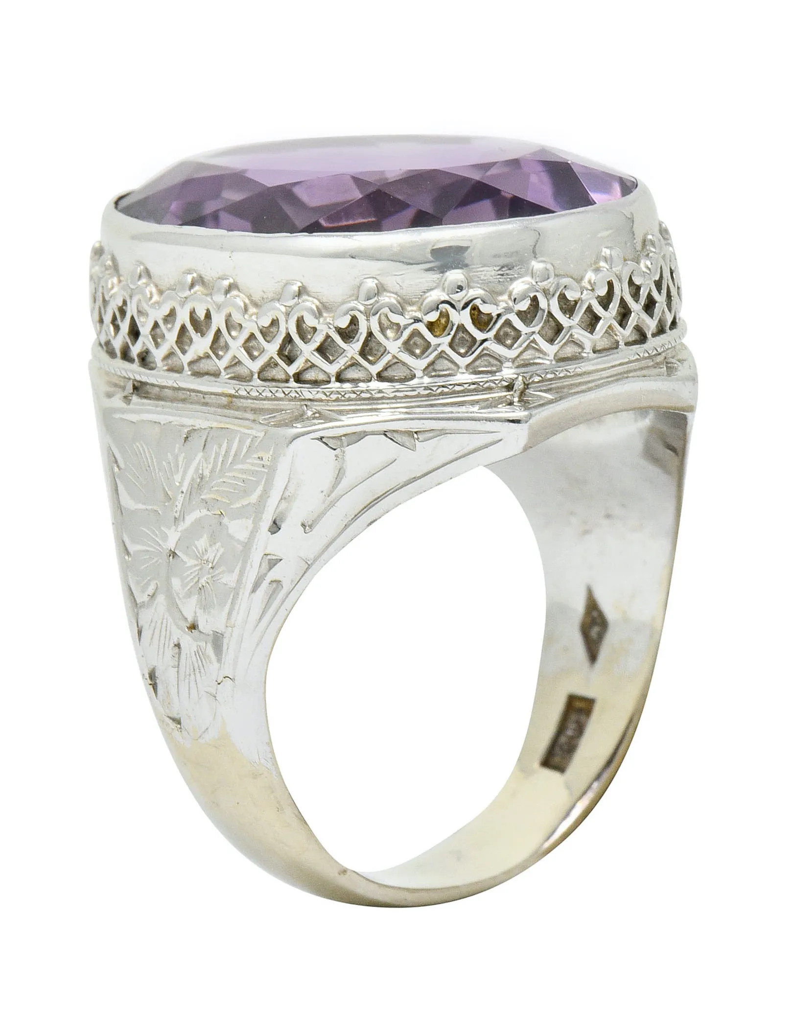1930's Art Deco Amethyst 14 Karat White Gold Statement Ring