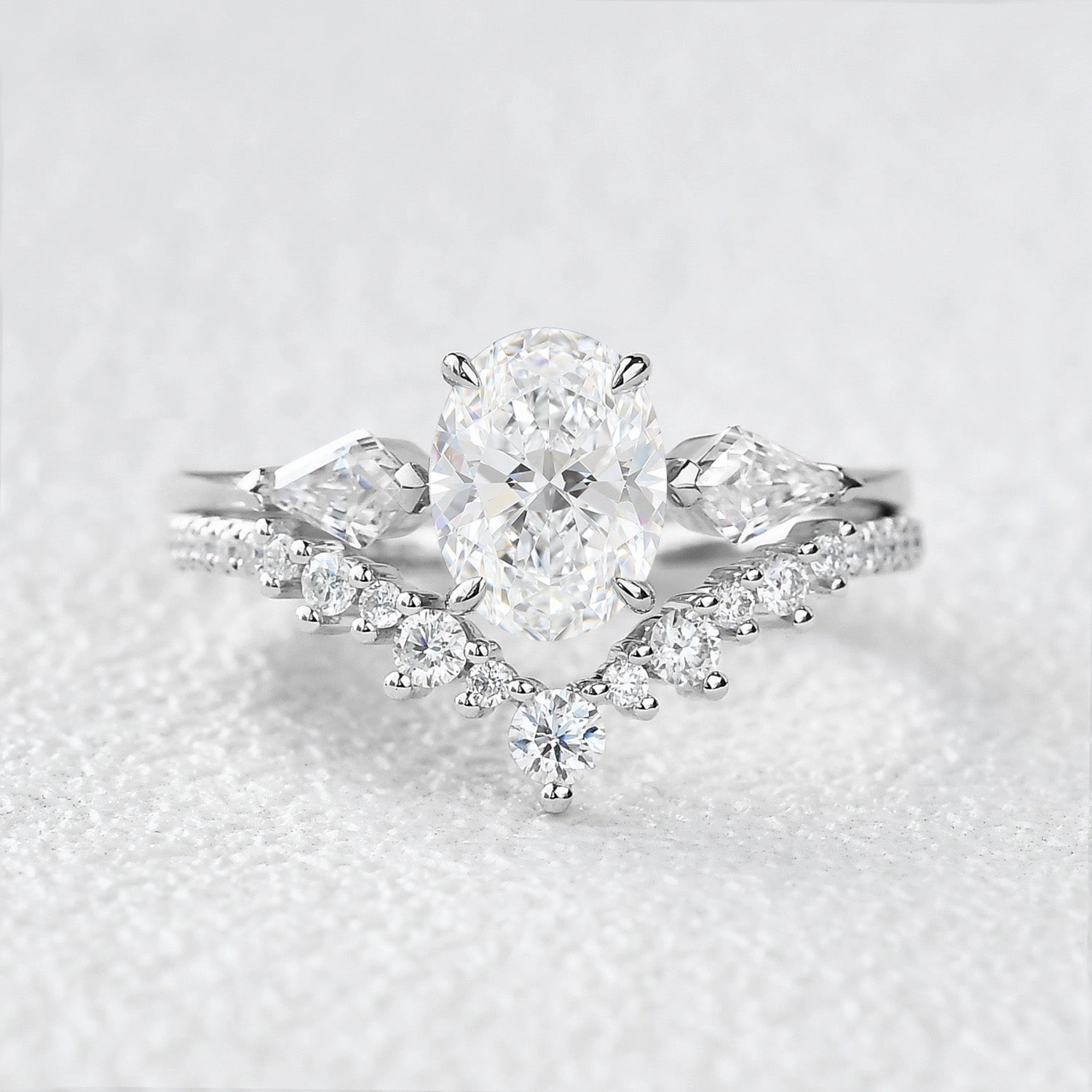 Glam Ready Sun-Kissed Look 1.0-2.0 Oval Cut Lab Grown Diamond Three Stone Ring Set 2pcs