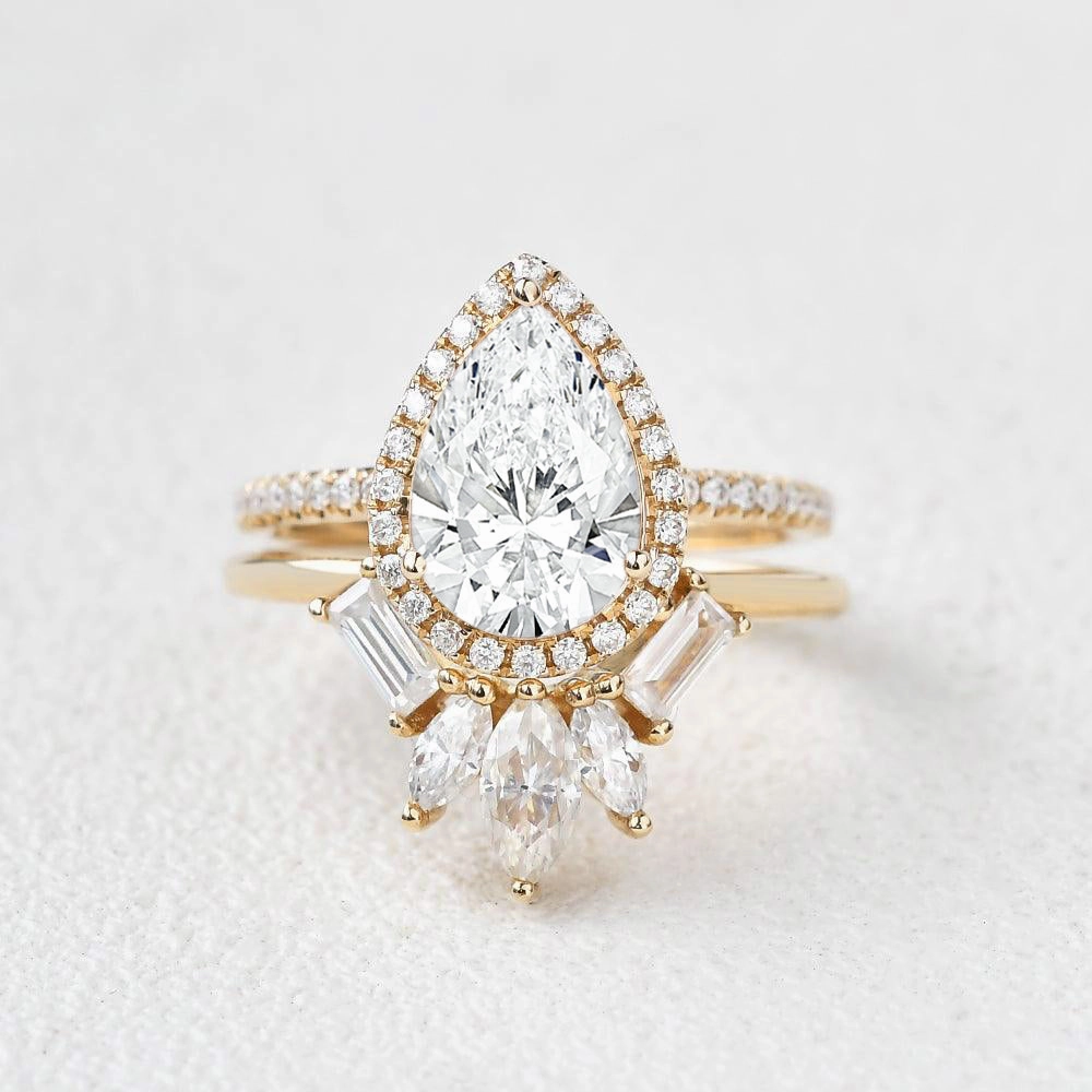 Fresh Look 1.0ct Halo Pear Lab Grown Diamond Baguette Ring Set 2pcs