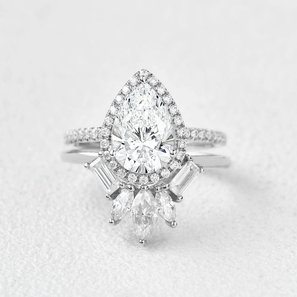 1.0ct Halo Pear Lab Grown Diamond Baguette Ring Set 2pcs Alluring Charm