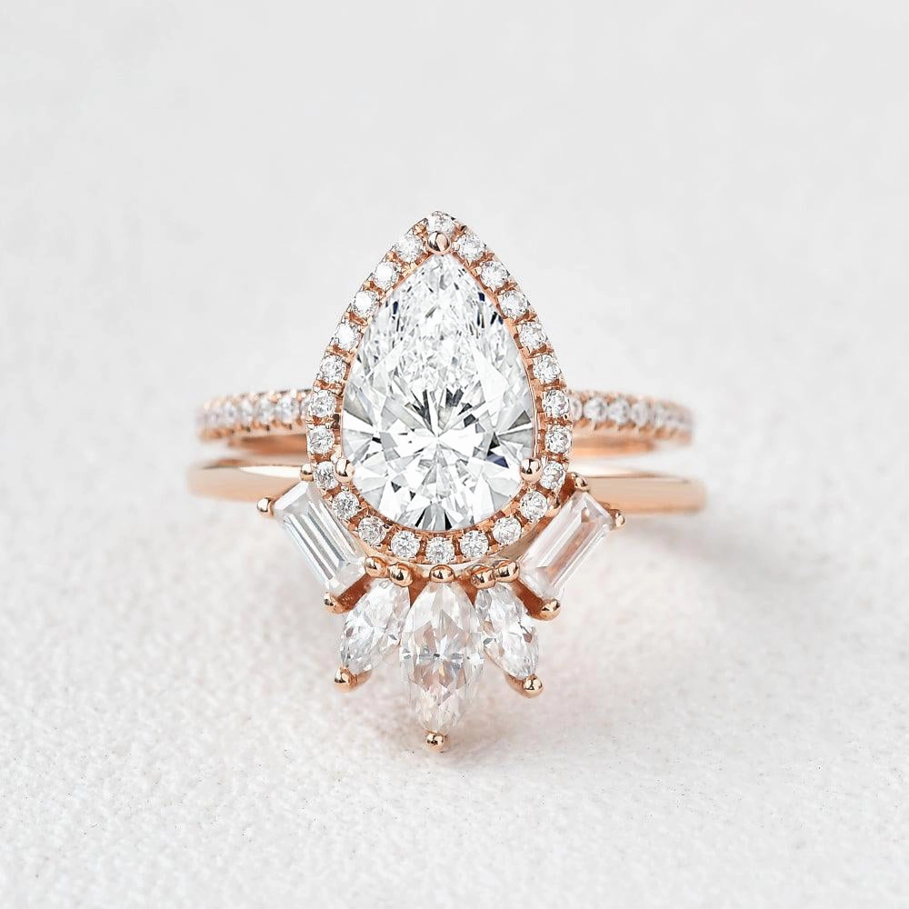 1.0ct Halo Pear Lab Grown Diamond Baguette Ring Set 2pcs Cultural Event