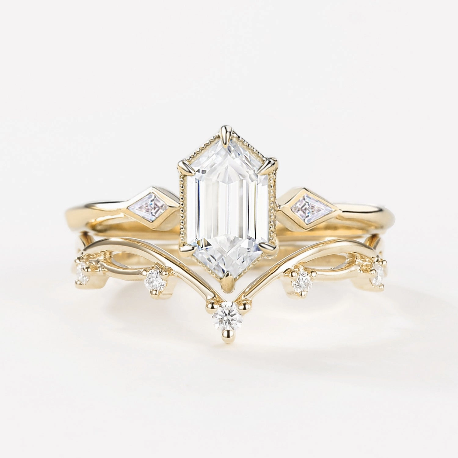 Shiny Gem Chic Shape 1.0ct Hexagon Cut Lab Grown Diamond Engagement Ring Set 2pcs