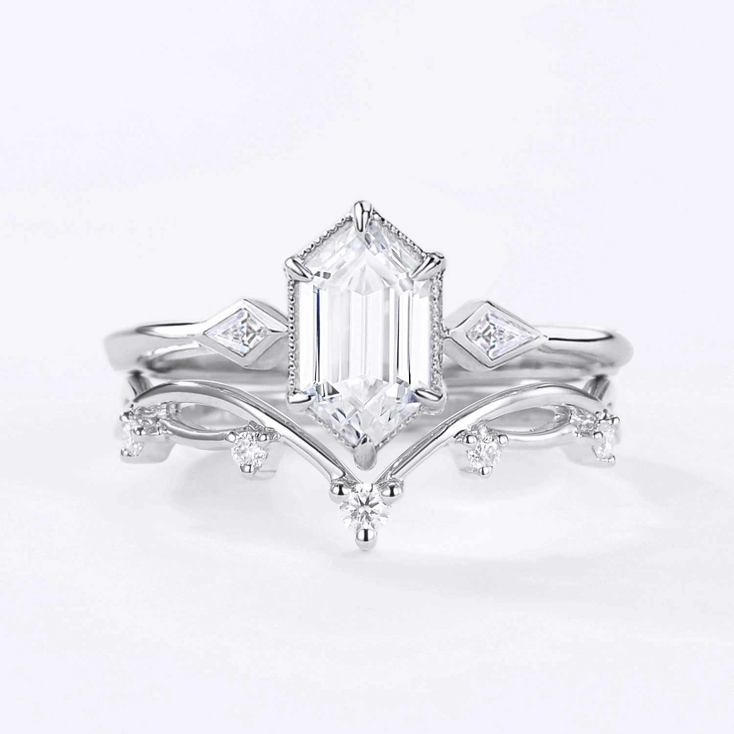 1.0ct Hexagon Cut Lab Grown Diamond Engagement Ring Set 2pcs Sparkle Vibe