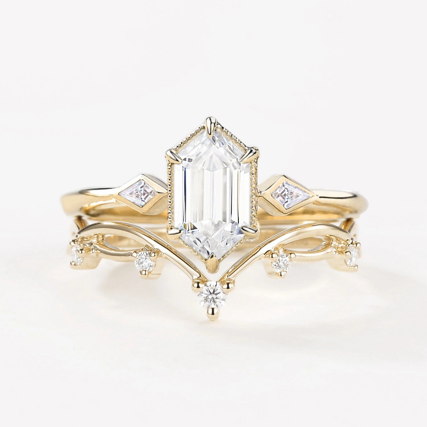 Brilliant Edge 1.0ct Hexagon Cut Lab Grown Diamond Engagement Ring Set 2pcs