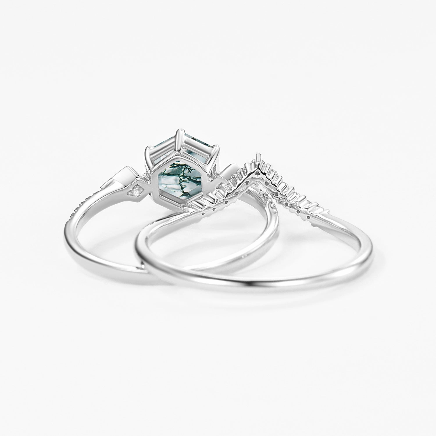 Splendid Shine 1.0ct Hexagon Moss Agate Geometric Cluster Engagement Ring Set 2pcs