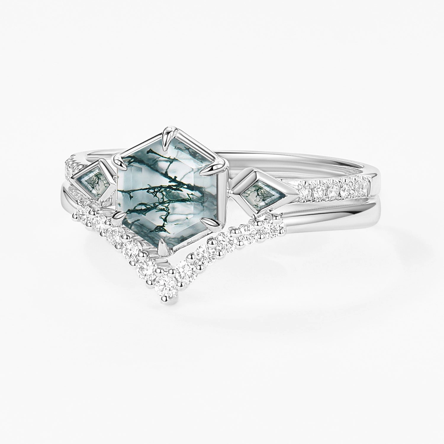 1.0ct Hexagon Moss Agate Geometric Cluster Engagement Ring Set 2pcs Quiet Grace