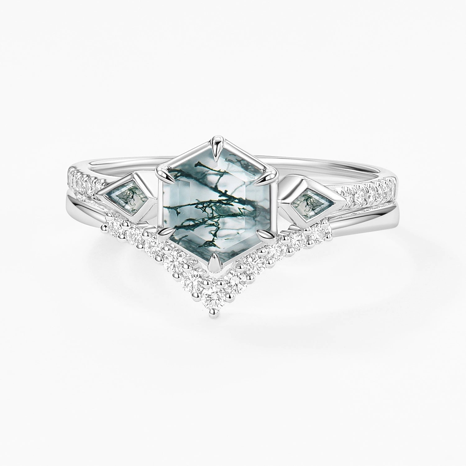 Boho Charm Elegant Form 1.0ct Hexagon Moss Agate Geometric Cluster Engagement Ring Set 2pcs