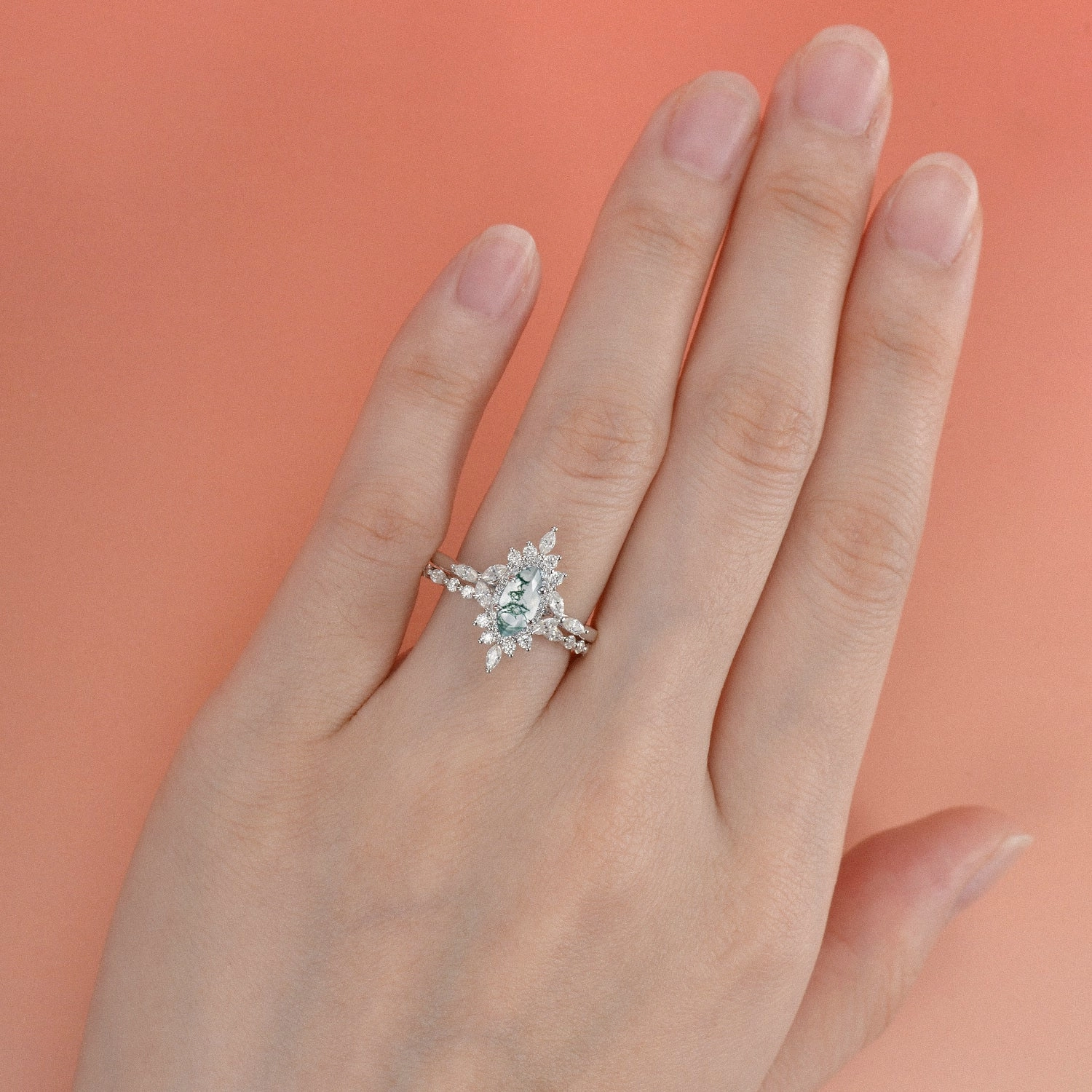 1.0ct Marquise Cut Moss Agate Cluster Vintage Engagement Ring Set 2pcs Lifestyle Fit Trendy Appeal