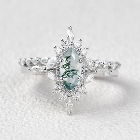 1.0ct Marquise Cut Moss Agate Cluster Vintage Engagement Ring Set 2pcs Delicate Sparkle Winter Mood