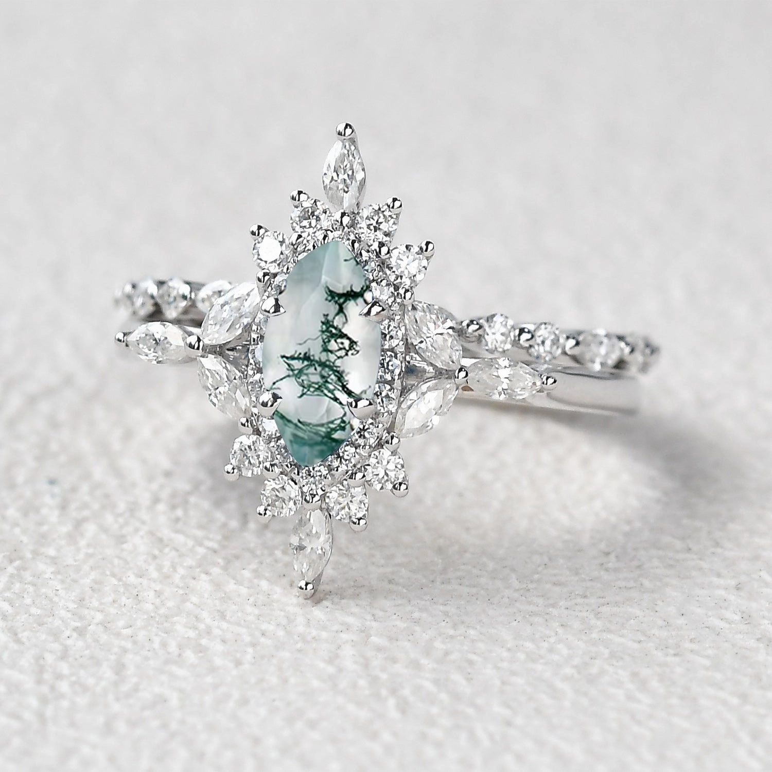 Radiant Gems Distinctive Look 1.0ct Marquise Cut Moss Agate Cluster Vintage Engagement Ring Set 2pcs