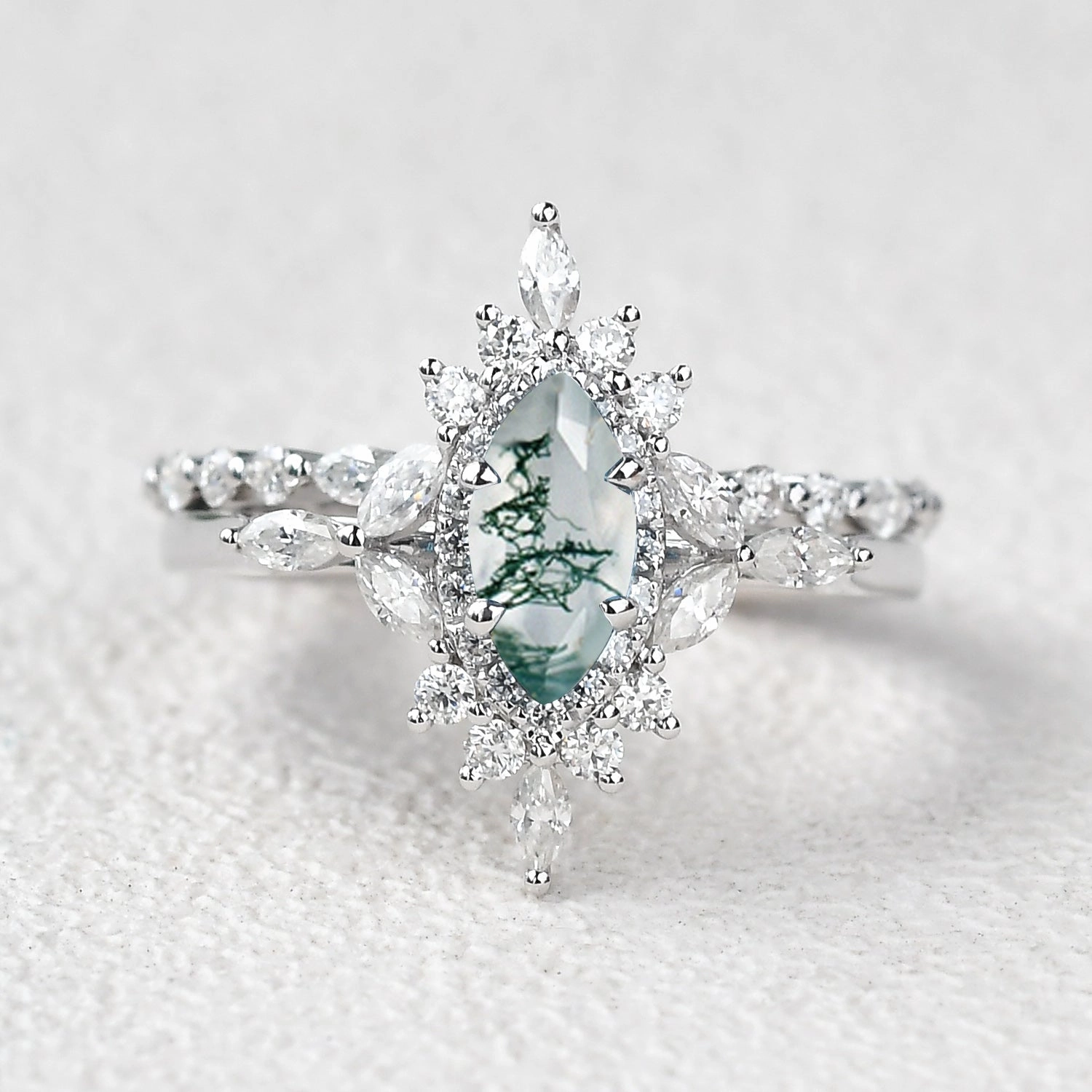 1.0ct Marquise Cut Moss Agate Cluster Vintage Engagement Ring Set 2pcs Delicate Sparkle Winter Mood