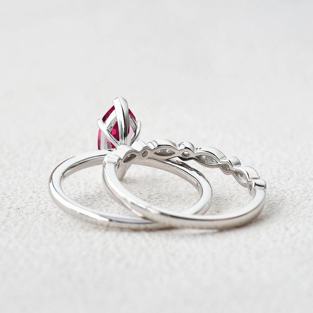 Smooth Detail Sophisticated Design 1.0ct Marquise Ruby Vintage Solitaire Ring Set 2pcs