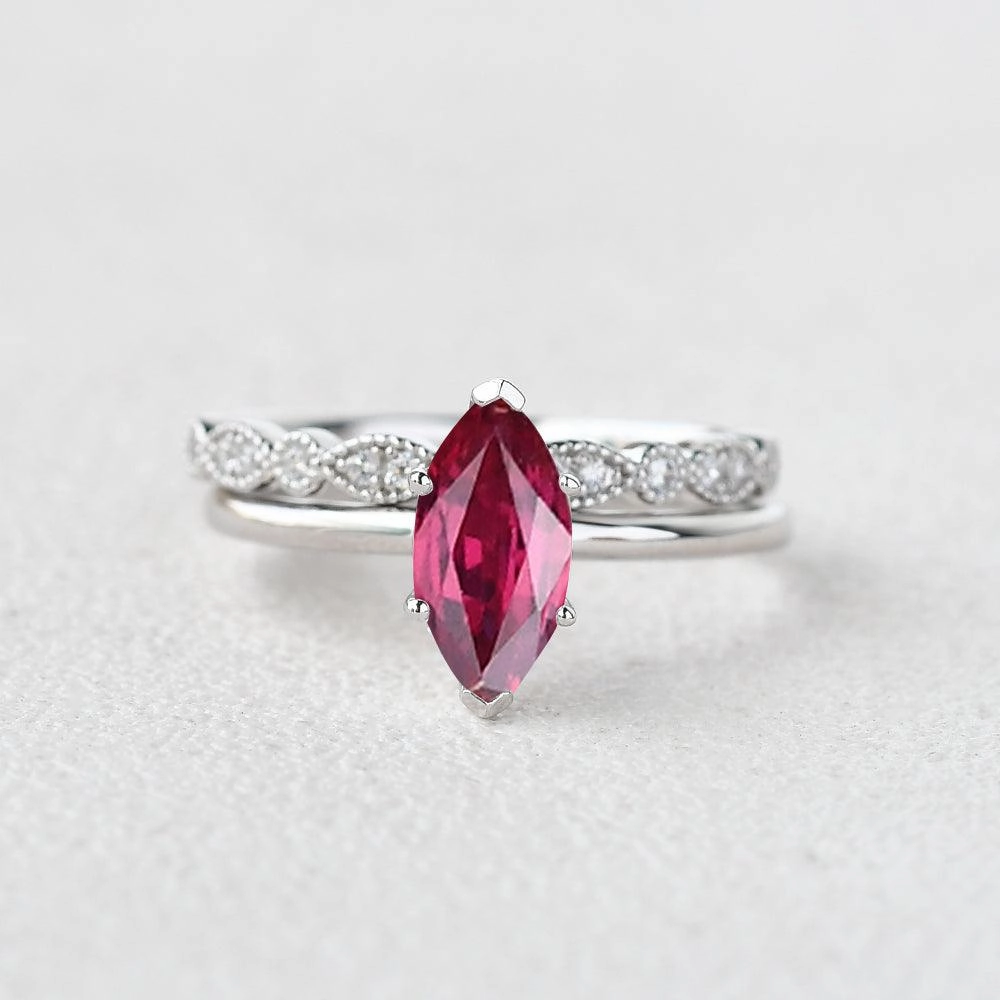 1.0ct Marquise Ruby Vintage Solitaire Ring Set 2pcs Candid Shot Subtle Shine