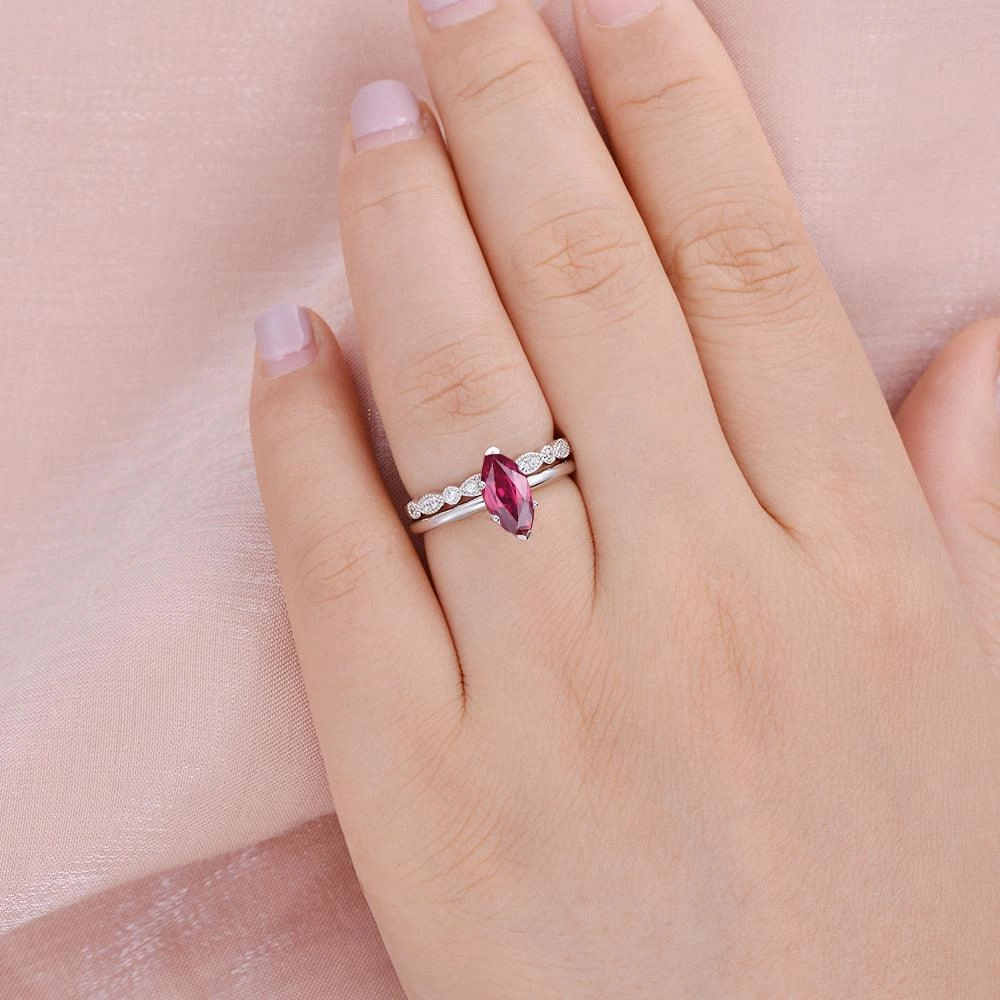 1.0ct Marquise Ruby Vintage Solitaire Ring Set 2pcs Seasonal Look