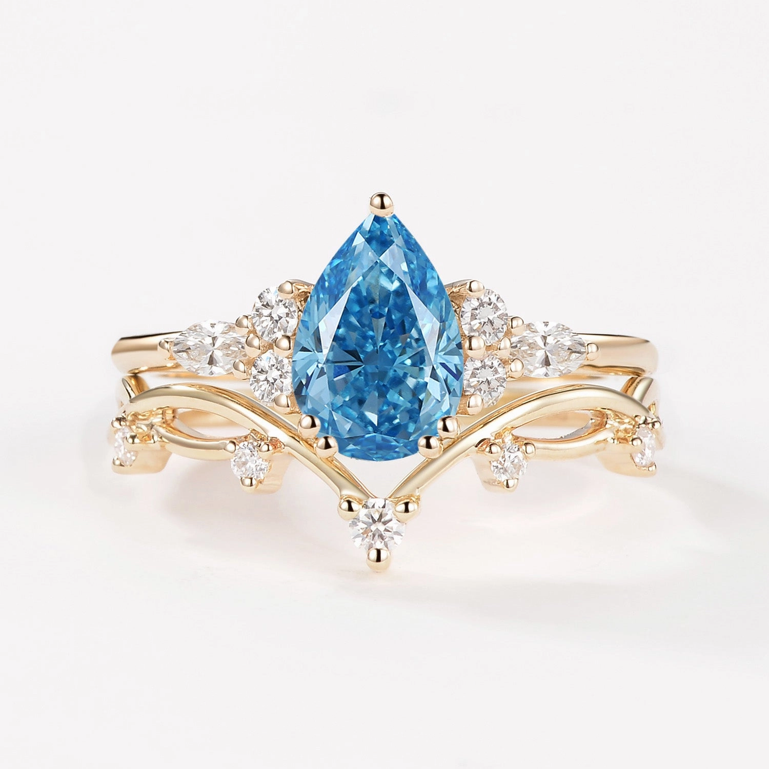 1.0ct Pear Blue Lab Grown Diamond Leafy Ring Set 2pcs Event Edge