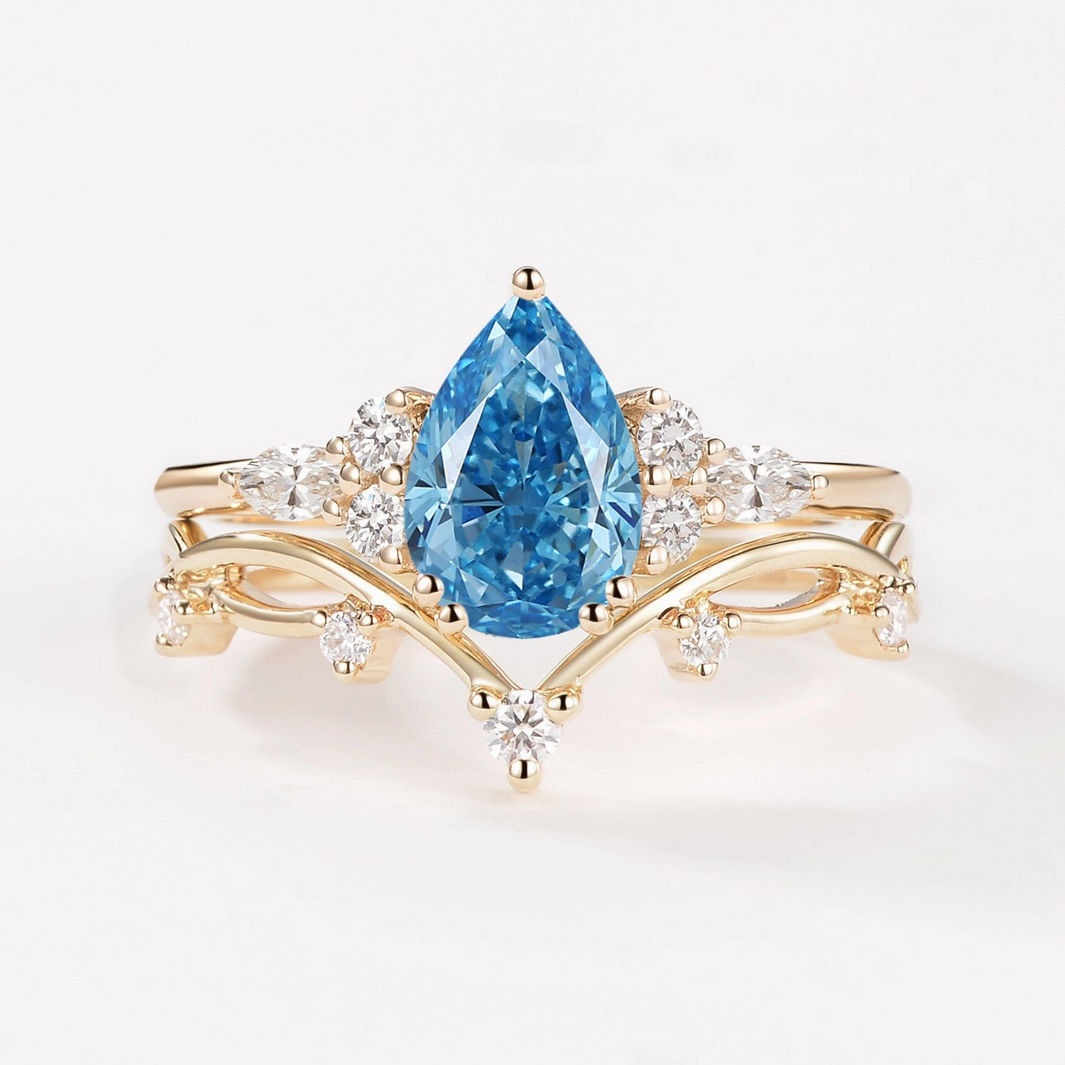 Casual Classic 1.0ct Pear Blue Lab Grown Diamond Leafy Ring Set 2pcs