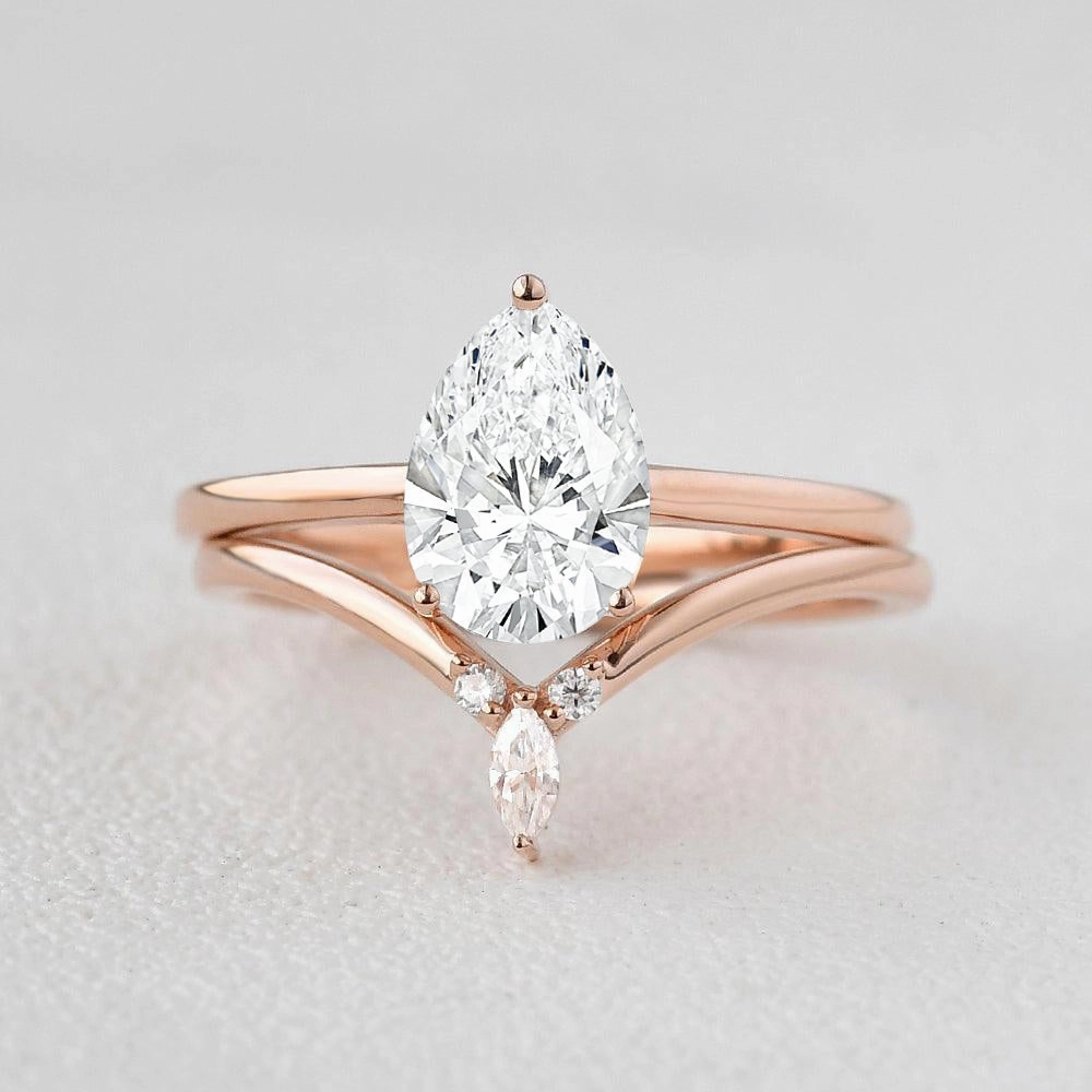 Bold Style Minimal Look 1.0ct Pear Lab Grown Diamond Classic Ring Set 2pcs
